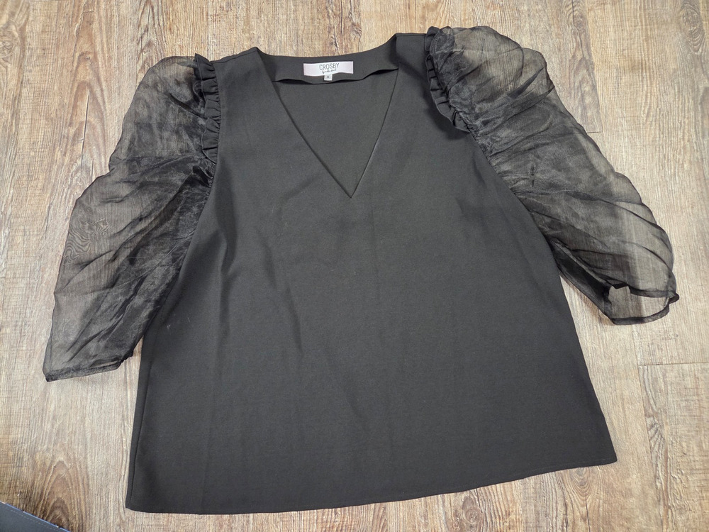 Crosby By Mollie Bunch Sheer Puff Sleeve V Neck Black Blouse Shirt Top Medium